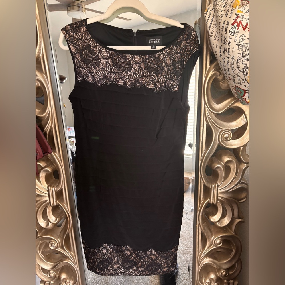 Adrianna Papell Black Lace-Trim Midi Sheath Dress